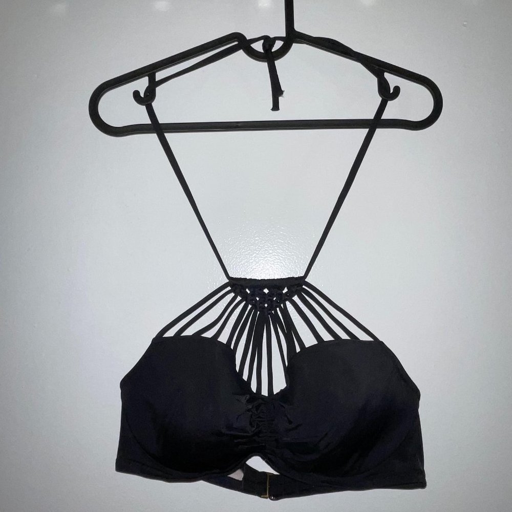 Shade & Shore Black High Neck Macrame Lightly Lined Underwire Bikini Top 34D